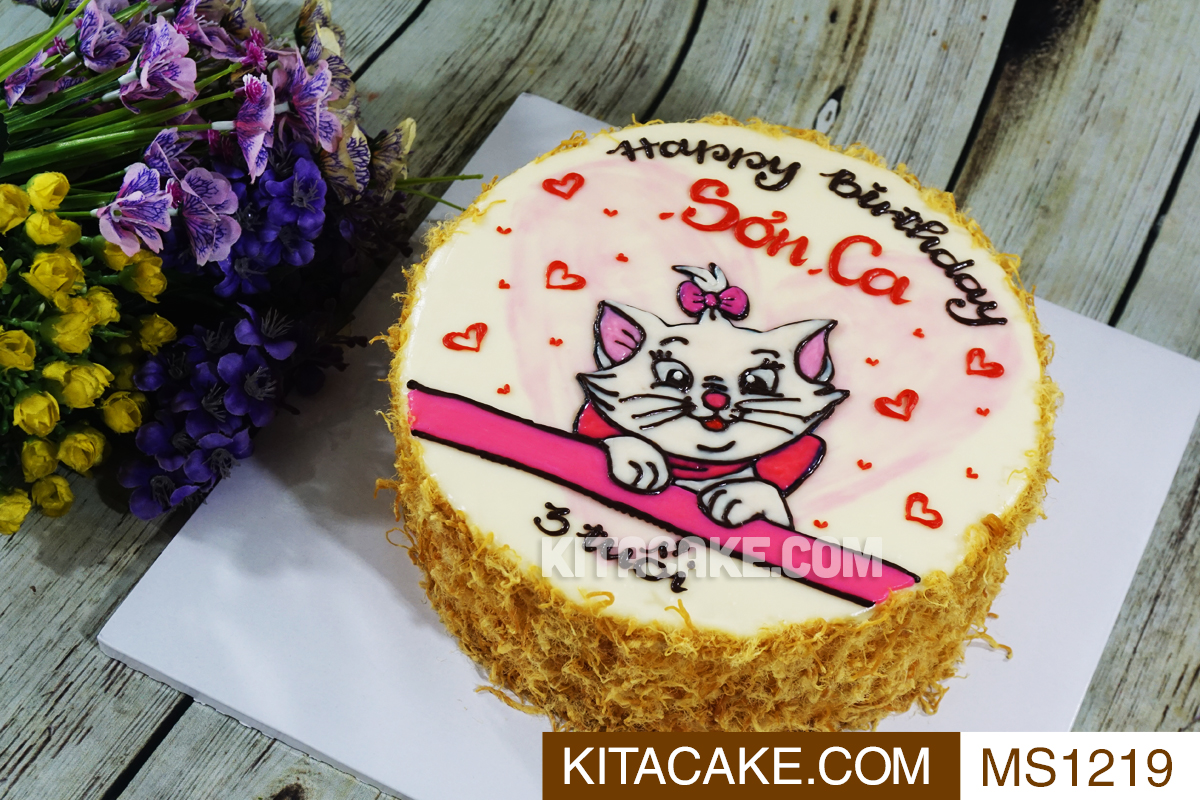 Bánh sinh nhật mặn vẽ hình con mèo Happy birthday Sơn Ca MS1219