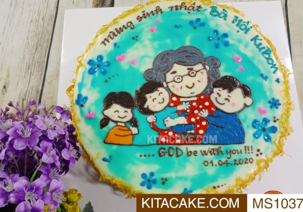 Bánh sinh nhật mặn vẽ hình gia đình Mừng sinh nhật bà nội ku Bon MS1037