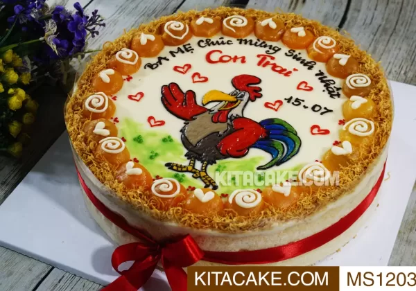 Bánh sinh nhật vẽ hình 12 con giáp (con gà trống) Ba mẹ chúc mừng sinh nhật con trai MS1203