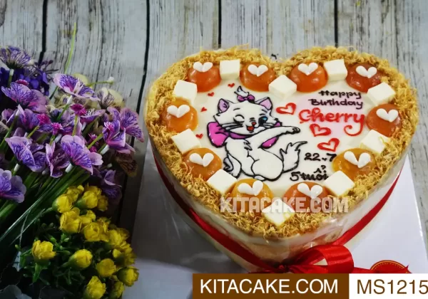 Bánh sinh nhật vẽ hình con mèo Happy birthday Cherry MS1215