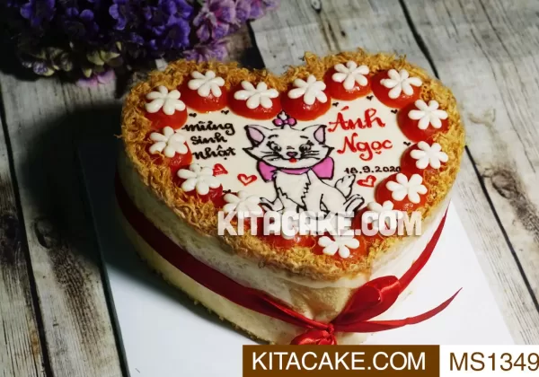Bánh sinh nhật tim vẽ hình mèo - Mừng sinh nhật Anh Ngọc MS1349