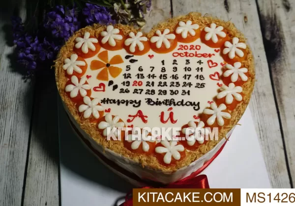 Bánh sinh nhật bông lan trứng muối mẫu lịch hình tim - Happy birthday anh Ú MS1426