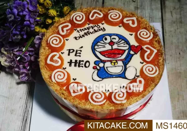 Bánh sinh nhật bông lan trứng muối vẽ hình Doremon - Happy birthday Pe Heo MS1460