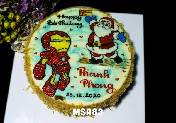 Bánh sinh nhật vẽ hình Iron Man và ông già Noel tặng bé trai size 25cm | Happy birthday Thanh Phong MSA83